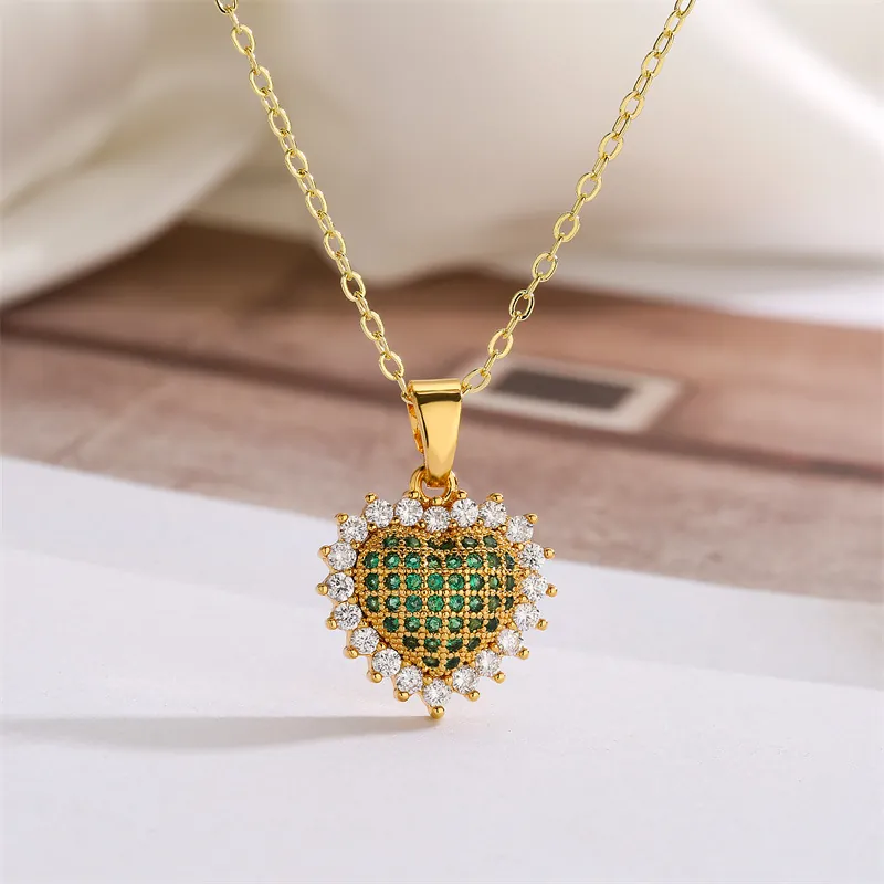 Collier Pendentif Coeur Cuivre Micro Pave Zircon Bijoux Élégants Style Ins Coloré Minimaliste Chaîne Clavicule Pour Femmes