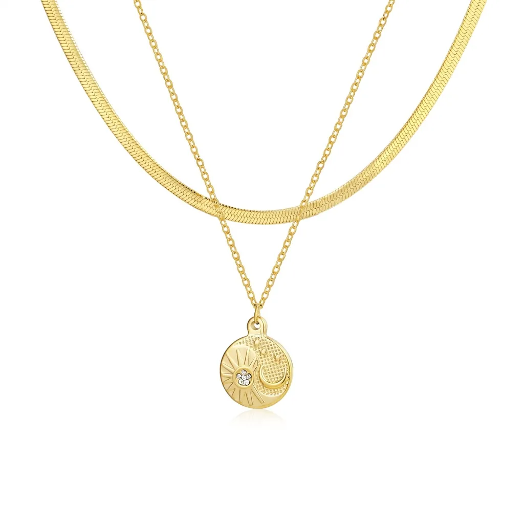 Collana a Doppio Strato in Acciaio Inossidabile Placcato Oro 18K Catena a Ossa di Serpente Pendente Malocchio Sole Strass Gioielli Donna