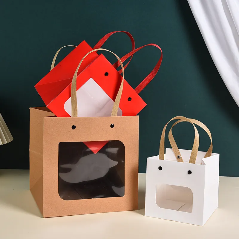 Smile Face Gift Paper Bags With Transparent Window Kraft Cardboard Tote Pouch Handle Square Bottom For Flower Cake Wedding