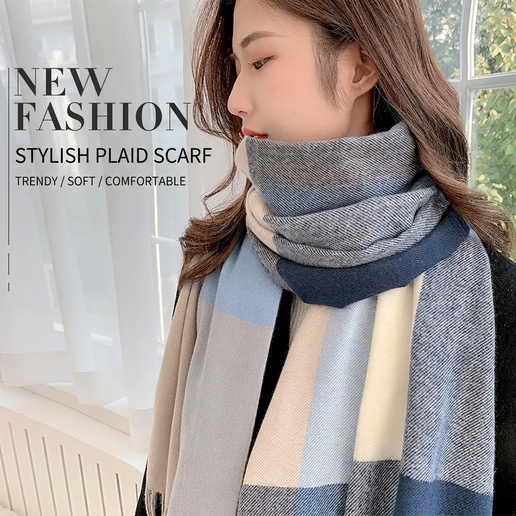Checked Plaid Scarf Faux Cashmere Tassel Thick Warm Winter Shawl Long Wrap For Women