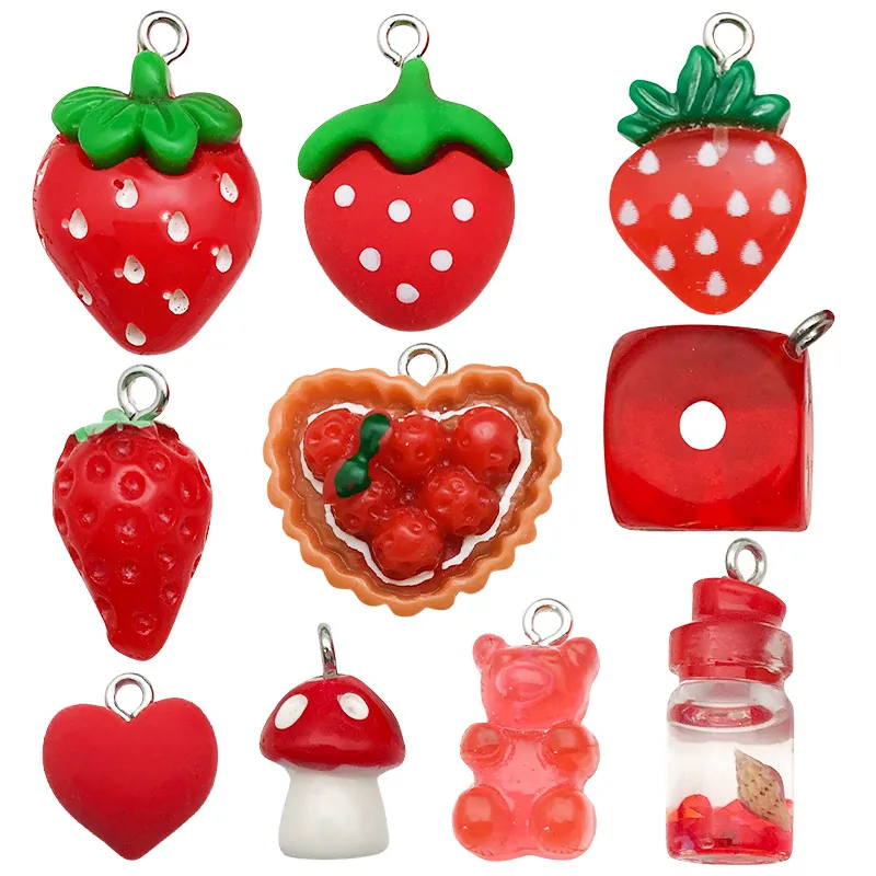 Ciondoli In Resina Frutta Animali Cuore Con Asole In Metallo Per DIY Produzione Gioielli Accessori Portachiavi Serie Rossa