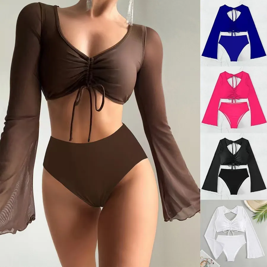 Women Swimsuit Mesh Long Flare Sleeve Ruched Drawstring Bikini High Waisted Solid Color Beachwear