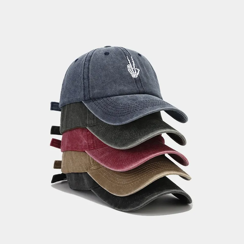 Retro Washed Cotton Baseball Cap Skeleton Hand Peace Embroidery Distressed Hip Hop Adjustable Hat Unisex