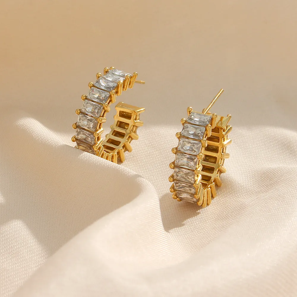 Boucles d'oreilles Créoles en Forme de C en Acier Inoxydable 316L pour Femmes Plaquées Or 18K avec Strass Rectangulaires Bijoux