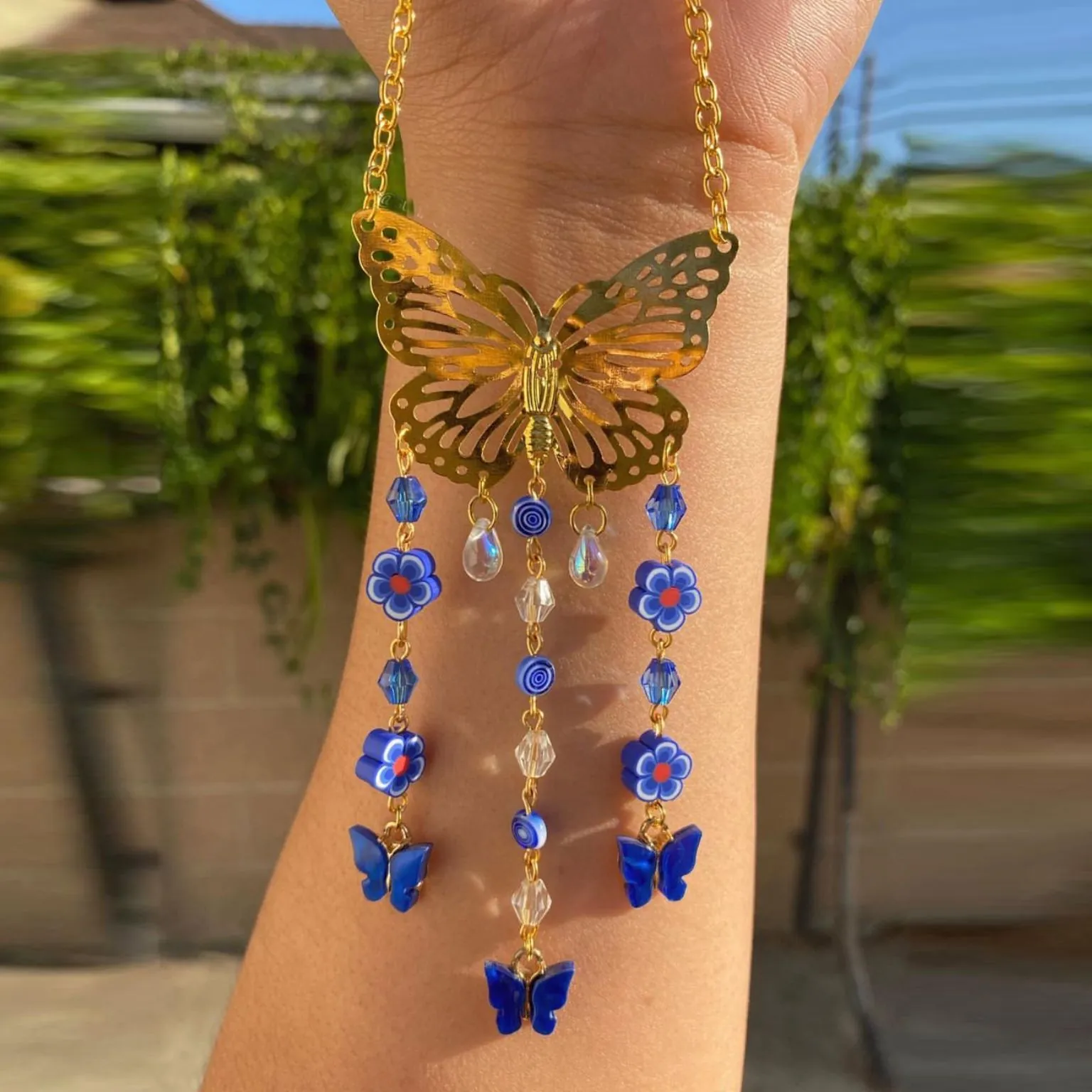 Butterfly Evil Eye Hanging Ornament Crystal Beads Hollow Metal Flower Charm For Car Mirror Home Decor