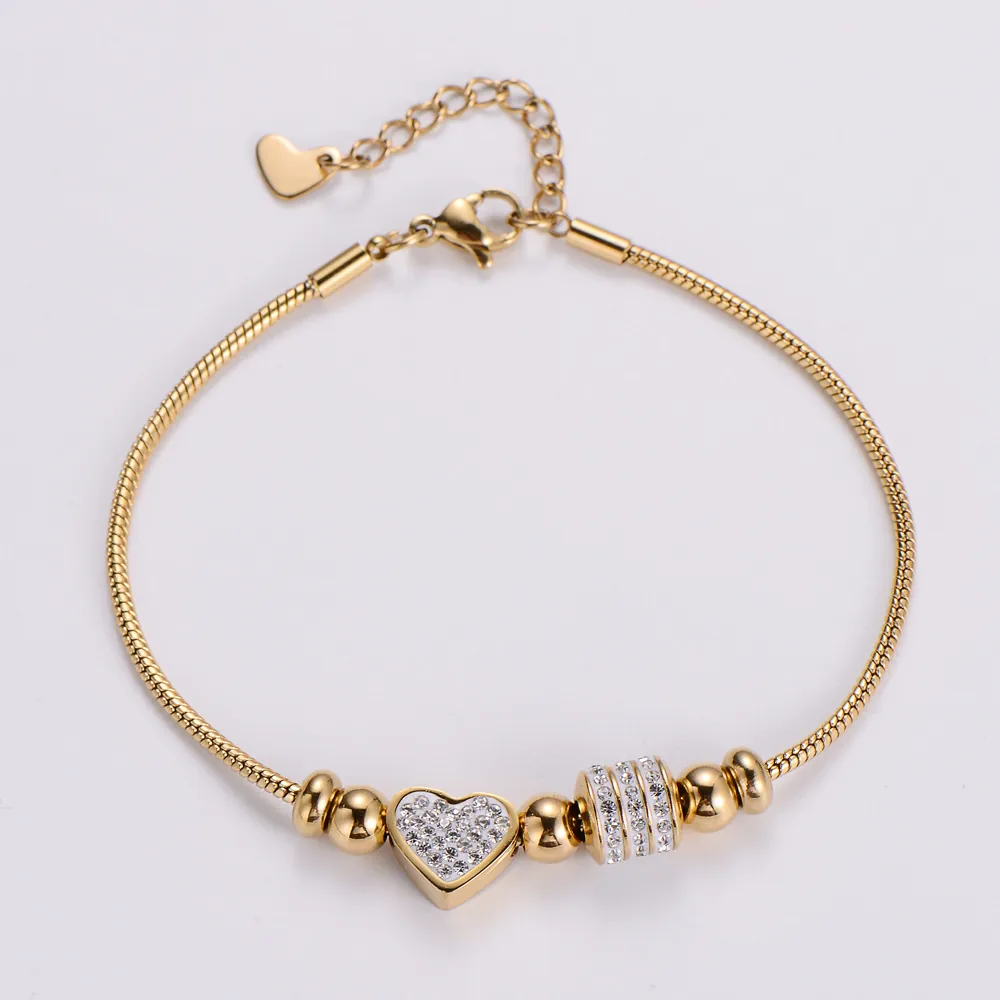 Heart Charm Bracelet 304L Stainless Steel 18K Gold Plated With Zircon Beads Snake Chain Minimalist For Women