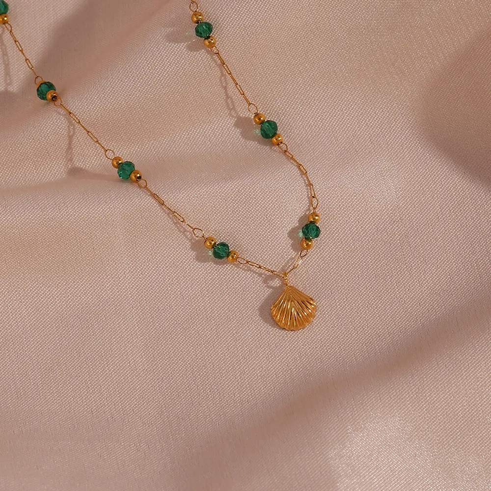 Shell Pendant Necklace Stainless Steel With Green Acrylic Beads Gold Plated Fashion Summer Jewelry For Women Elegant