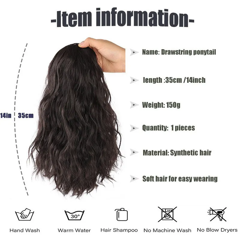 Water Wave Ponytail Extension Synthetic Heat Resistant Fiber Long Curly Drawstring Clip In Hairpiece For Women Natural