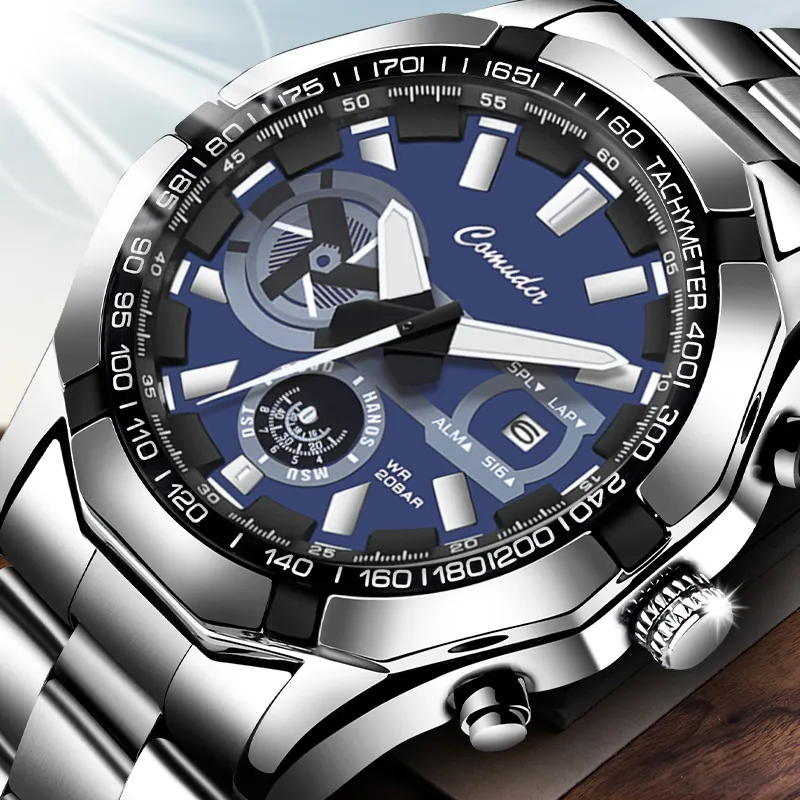 Reloj Cuarzo Hombre Caja Aleación Acero Cuero Impermeable Luminoso Cronógrafo Deporte Esfera Grande Calendario