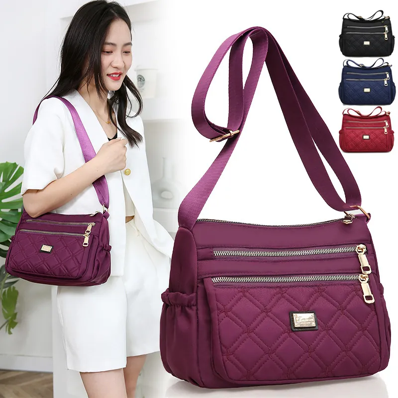 Quilted Nylon Crossbody Bag Women Multi Pocket Waterproof Large Capacity Shoulder Bag Lightweight Adjustable Strap Daily Travel Casual