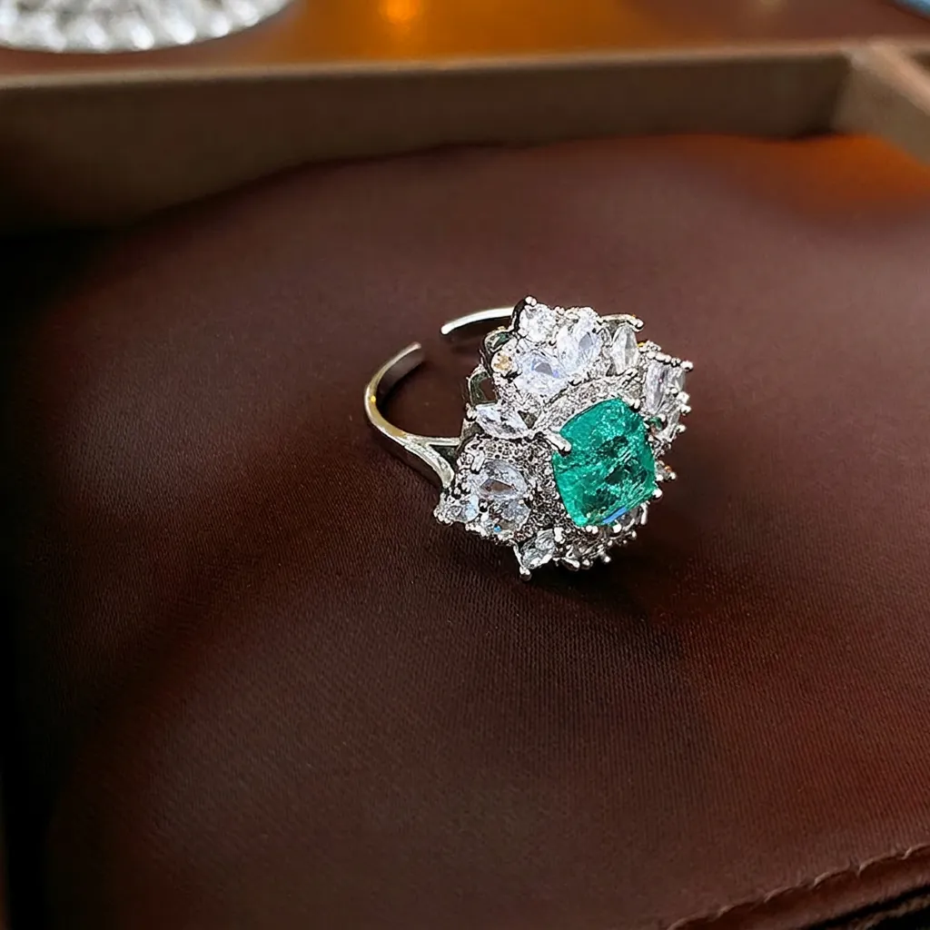 Anello Aperto Regolabile Rame Zircone Taglio Smeraldo Pietra Verde Orso Perla Artificial Geometrico Gioielli Lusso Moda Donna