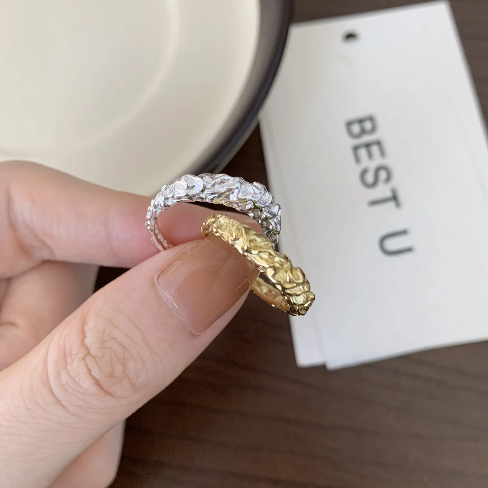 Anello Aperto in Argento Sterling 925 con Trama Irregolare Minimalista Regolabile Placcato Oro Argento Anello Donna Gioielli