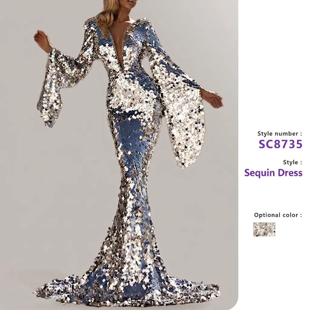 Robe de Soirée Sexy pour Femmes à Paillettes Argentées Col en V Profond Manches Cloche Silhouette Sirène Longueur Sol pour Banquet Fête