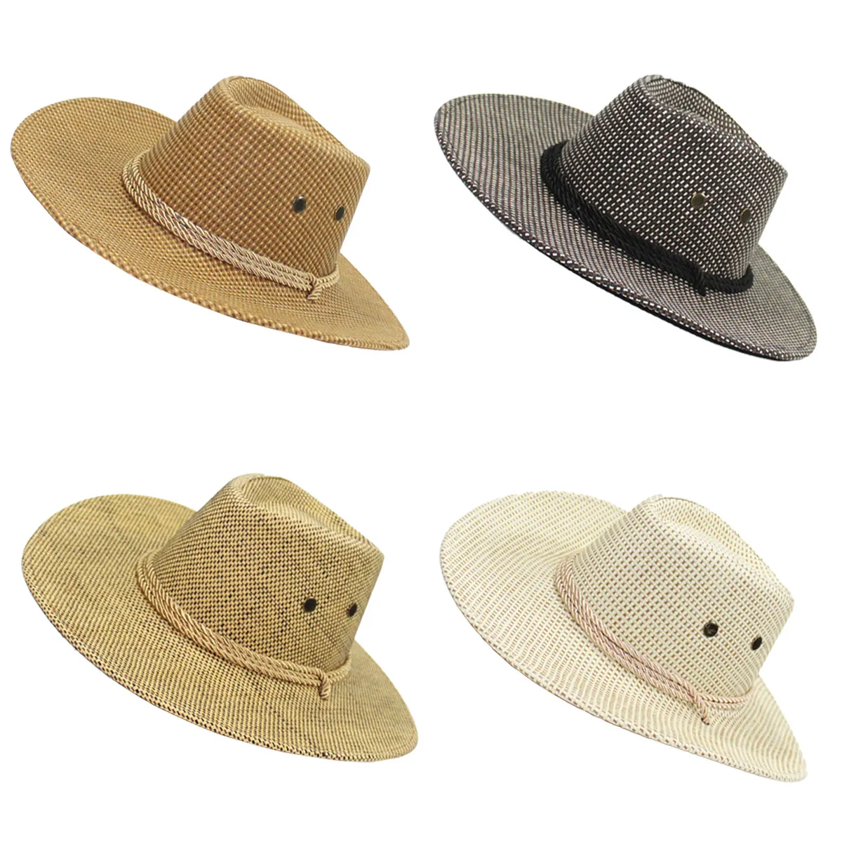 Western Cowboy Straw Hat Wide Brim Breathable Paper Sun Protection Outdoor Travel Beach Hat With Rope Band Decor