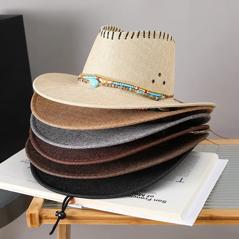 Chapeau De Cowboy Western En Paille Tissée Protection Solaire Plage Extérieur Randonnée Perles Turquoise Style Ethnique