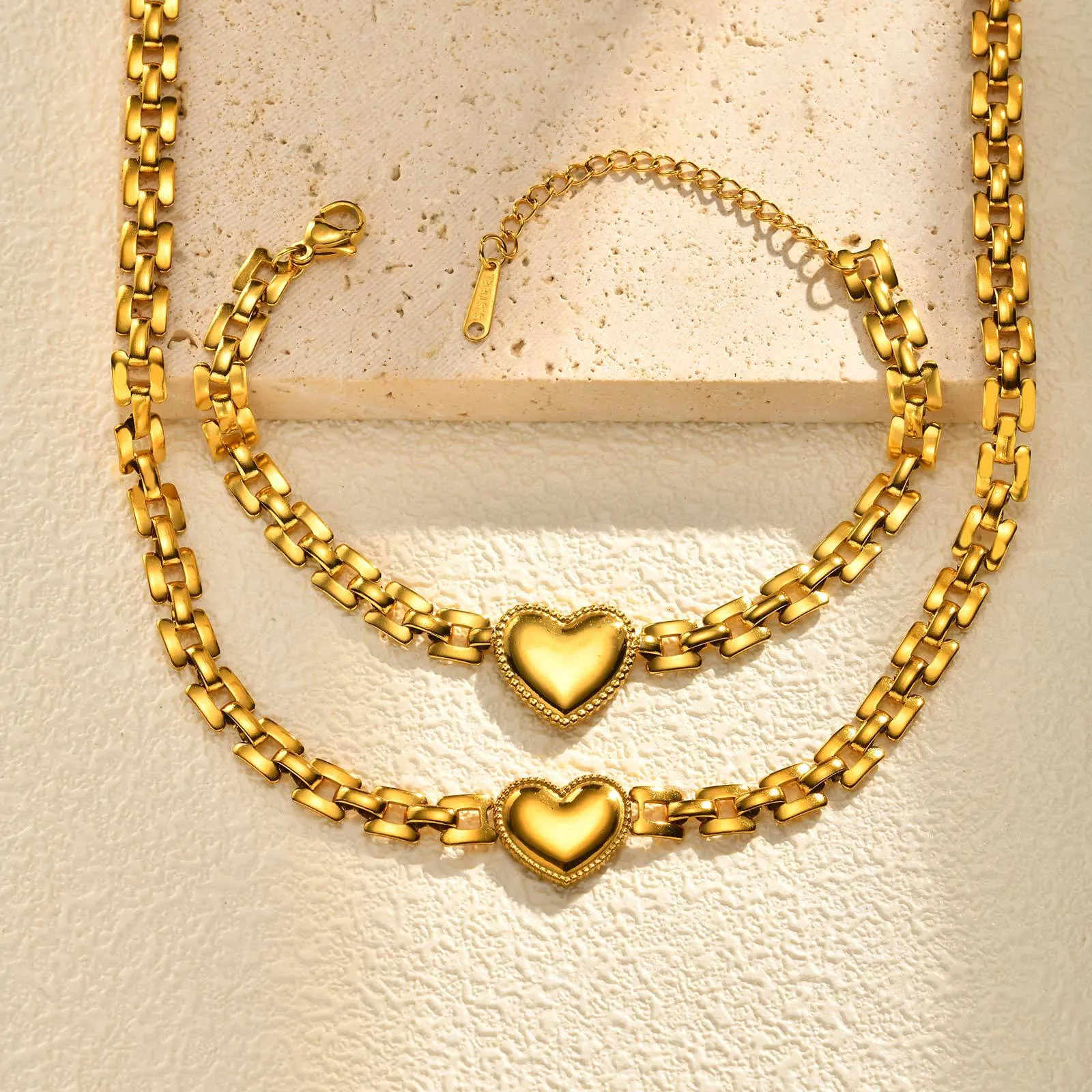 Collana Bracciale Gioielli Pendente Cuore Acciaio Inossidabile Placcato Oro Catena Maglia Stile Orologio Chic Per Donne