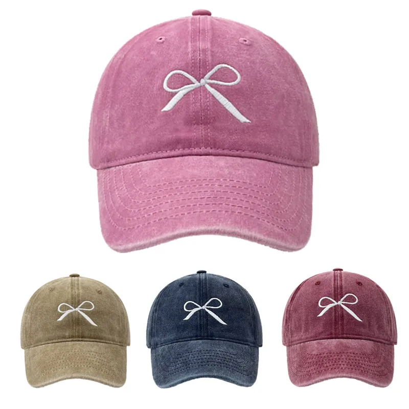 Casquette De Baseball En Coton Délavé Avec Broderie Nœud Vintage Protection Solaire Réglable Pour Femme