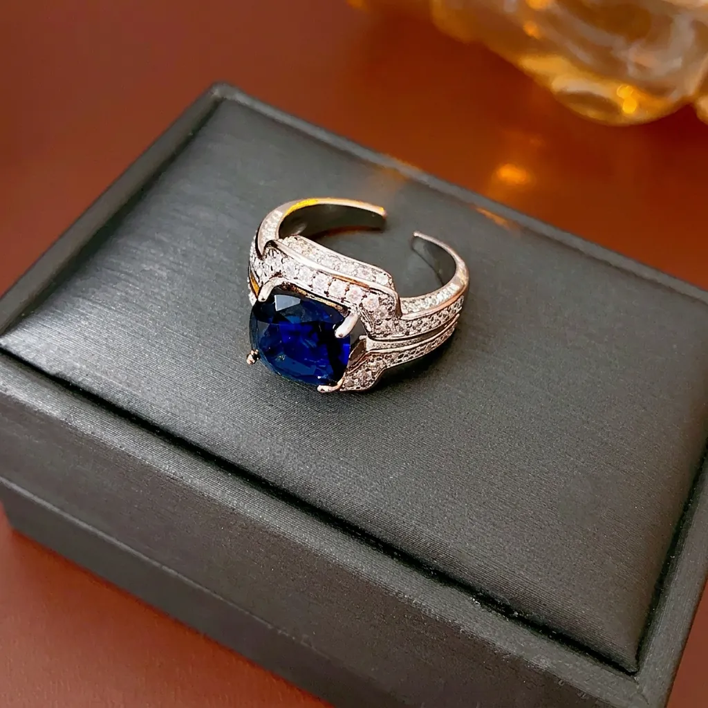 Bague Ouverte Élégante En Zircon Bleu Coupe Coussin Cuivre Géométrique Carré Bijoux De Luxe Vintage Pour Femmes