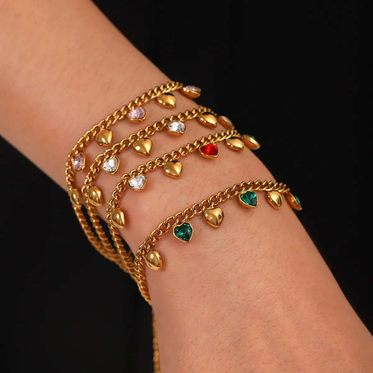 Bracelet En Acier Inoxydable Avec Pendentif Coeur Et Zircon Coloré Incrusté Chaîne Cubaine Bijoux De Mode Pour Femmes