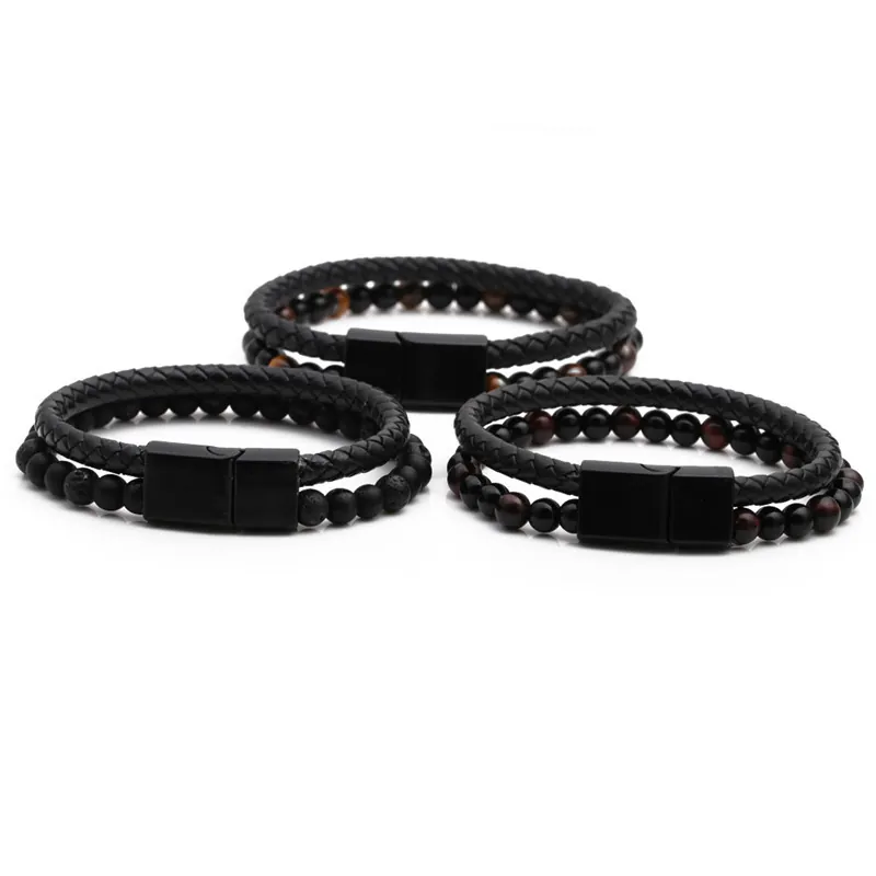 Herren Doppellagiges Armband Edelstahl Magnetverschluss Tigerauge Lavastein Geflochtenes Leder Seil Urban Casual