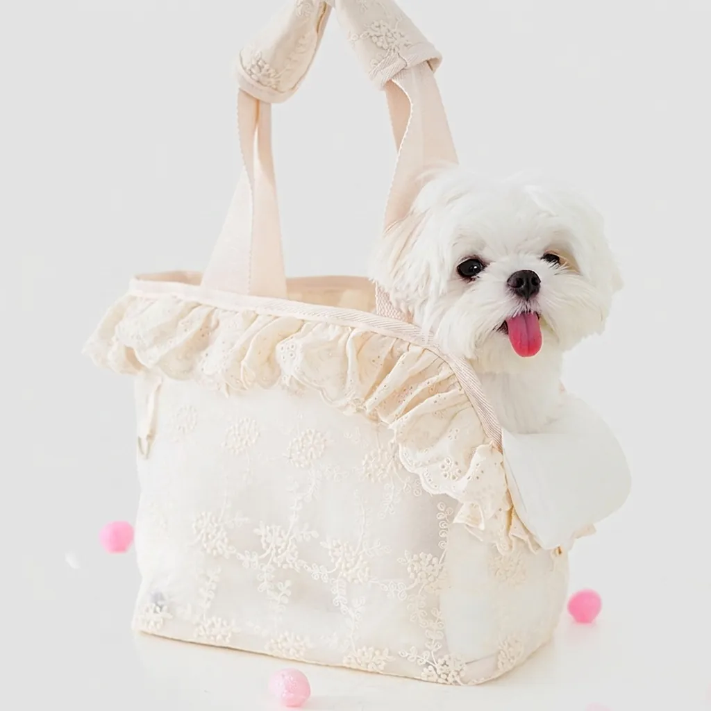 Portable Pet Carrier Bag For Small Dogs Cats Breathable Lace Floral Embroidery Handbag Shoulder Travel Bag For Puppy Dog