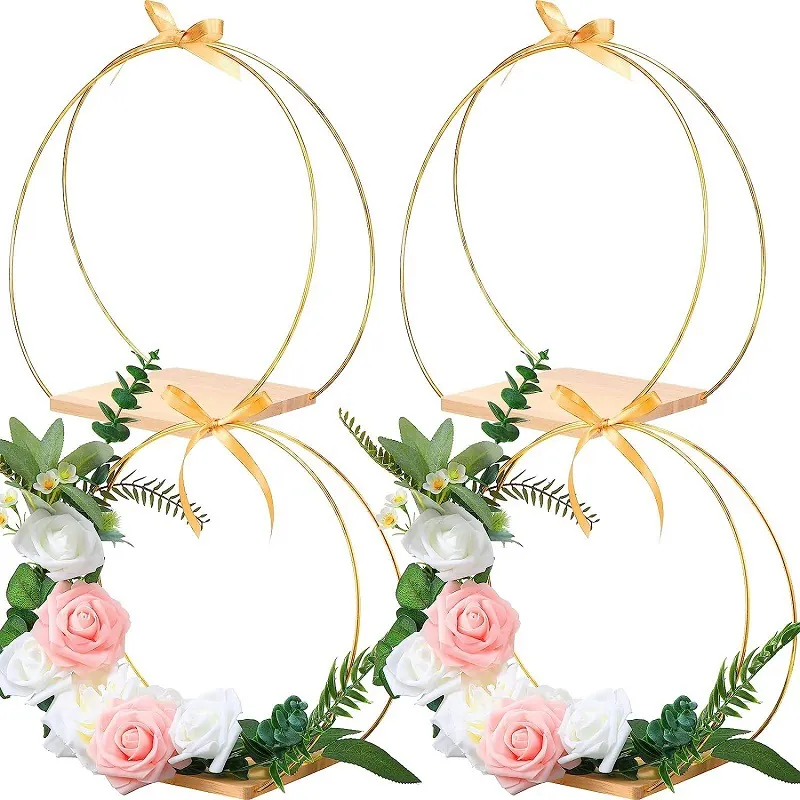 Metal Floral Hoop Centerpiece With Wooden Base For DIY Wedding Table Decoration Golden Round Ring Craft Ornament