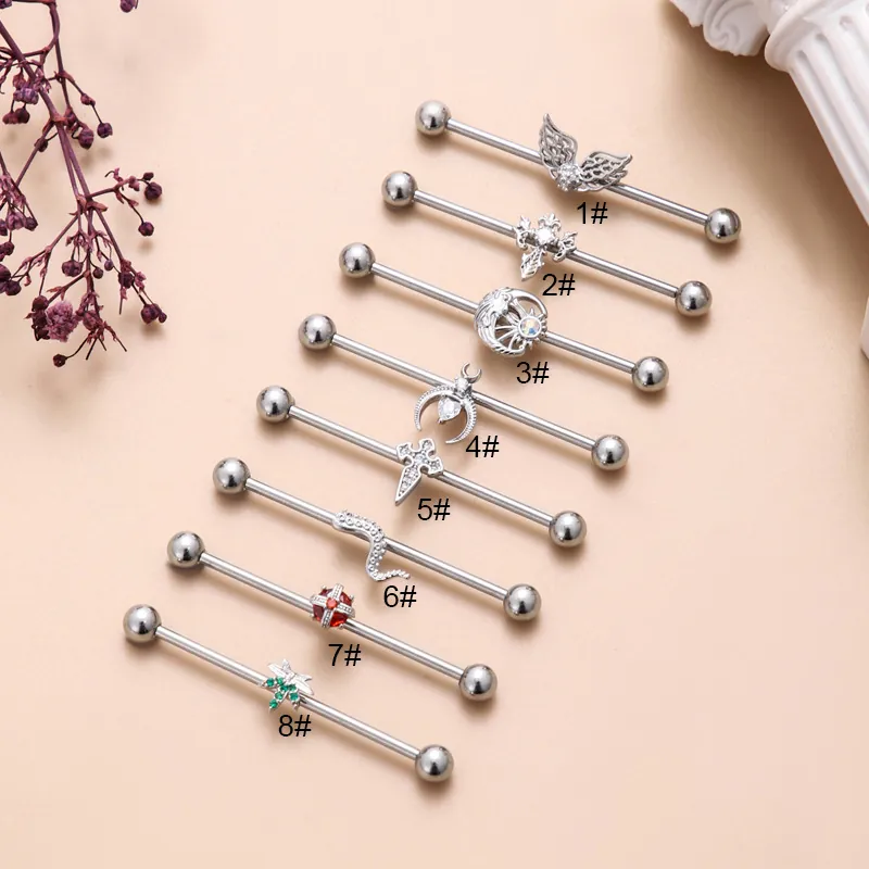 Industrial Barbell Earring Stainless Steel Zircon Cartilage Piercing Jewelry Heart Wing Moon Punk Style For Women Men
