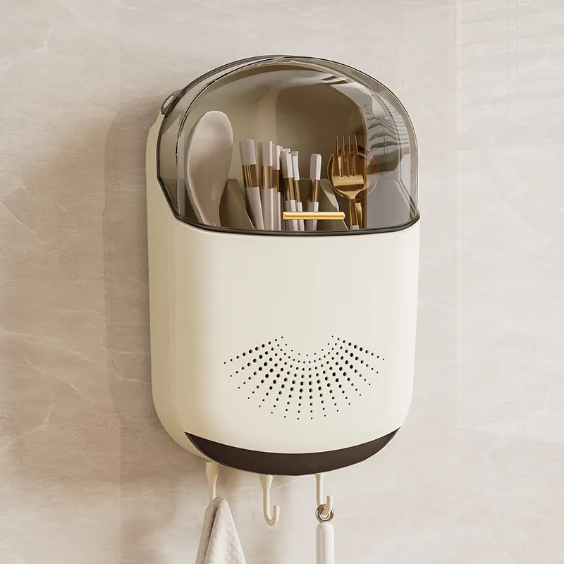 Wandmontierter Stäbchenhalter Besteck Organizer Kunststoff Staubdichte Aufbewahrungsbox Mit Haken Und Abtropfschale Küche