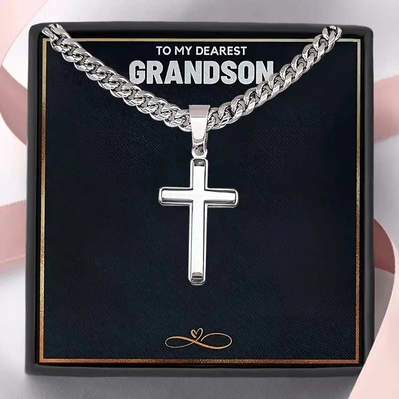 Cross Pendant Necklace Stainless Steel Zinc Alloy Cuban Chain Grandson Gift With Card Box Jewelry For Men