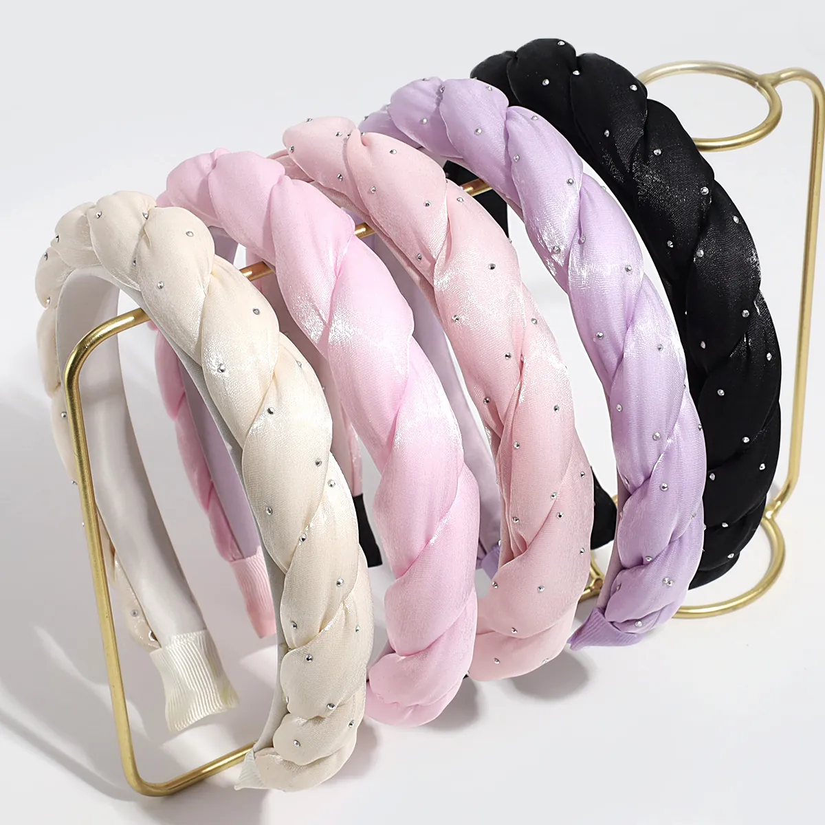 Elegant Padded Headband Braided Mesh Fabric Hair Hoop With Rhinestones And Artificial Pearls Vintage Sweet Style For Women