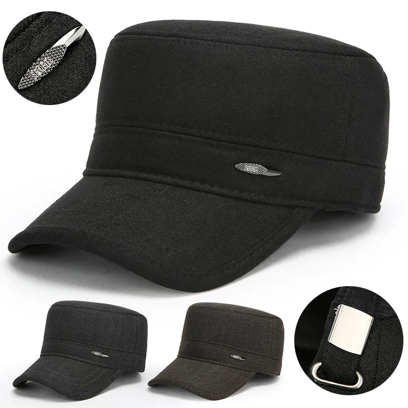 Men Winter Cadet Cap Woolen Cotton Blend Fleece Lined With Foldable Ear Flaps Warm Outdoor Adjustable Flat Top Hat