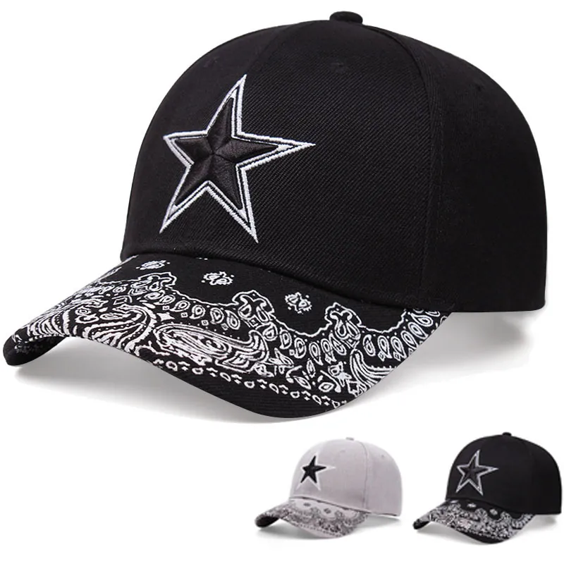 Cotton Twill Star Embroidery Baseball Cap Paisley Print Brim Adjustable Sun Protection Sport Hat For Men Women