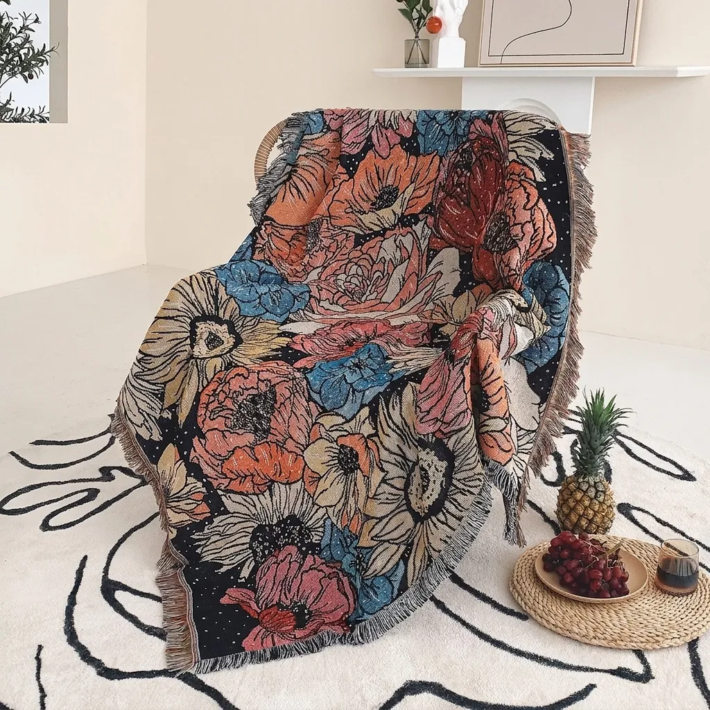 Bohemian Floral Cotton Woven Sofa Throw Blanket Multipurpose Tassel Fringe Decorative Tapestry For Camping Picnic Travel