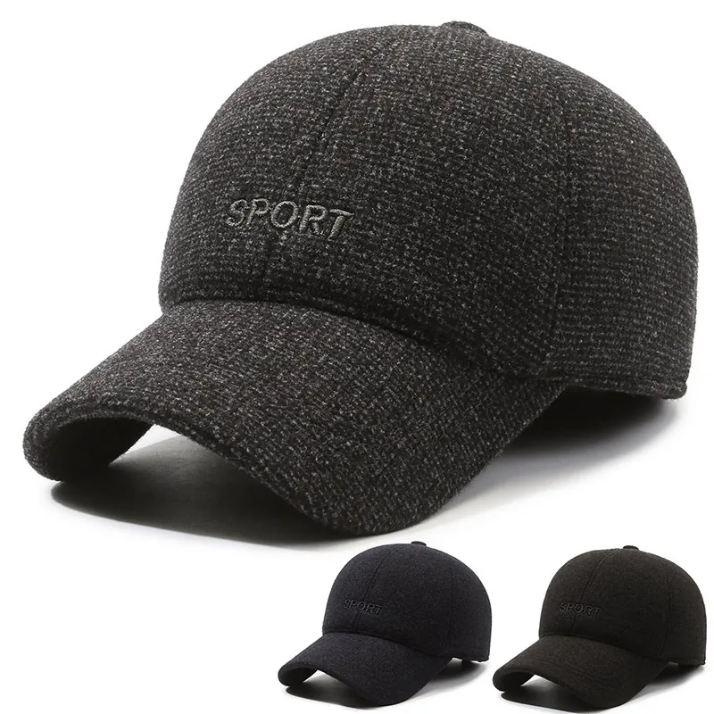 Men Winter Baseball Cap Woolen Warm Ear Protection Hat Outdoor Windproof Sport Embroidery Adjustable
