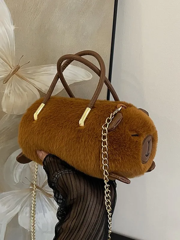 Borsa A Mano In Peluche Animali Ecopelliccia Borsa A Tracolla Carino Capibara Panda Pecora Maiale Cilindro Con Catena In Metallo