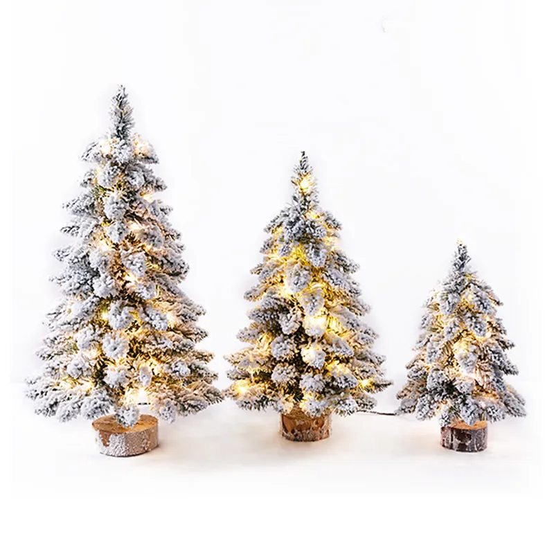 Mini Flocked Christmas Tree With Warm LED Lights And Natural Wooden Base Simulation Snow Desktop Holiday Decoration