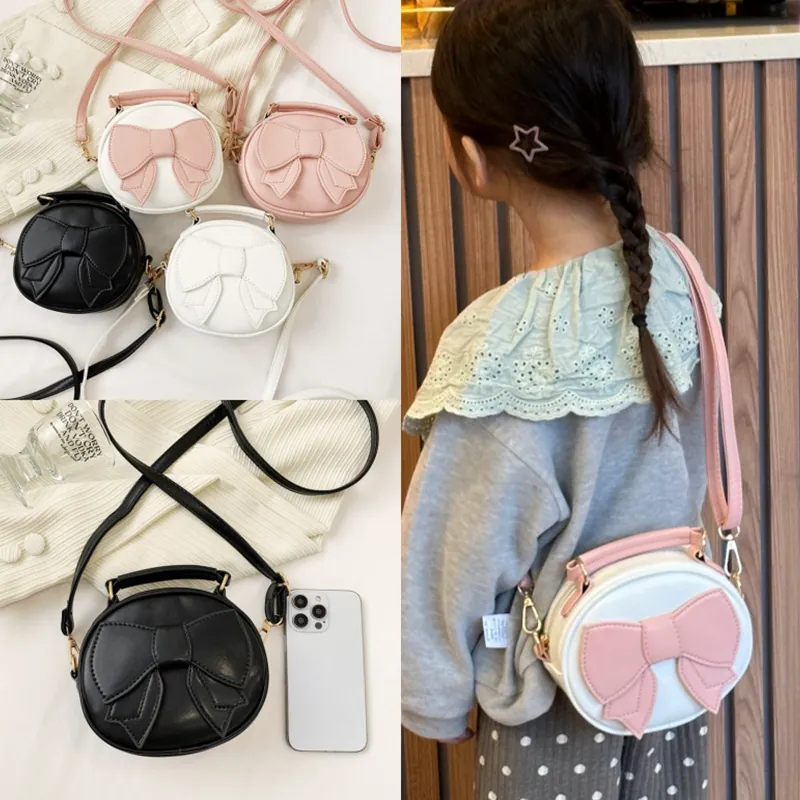 Kids Round Crossbody Bag PU Leather Bow Decor Adjustable Strap Fashion Cute Small Portable Purse For Girls