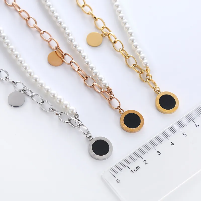 Roman Numeral Pendant Spliced Necklace Stainless Steel Faux Artificial Pearl Link Chain Hip Hop Trendy Jewelry Women Gift
