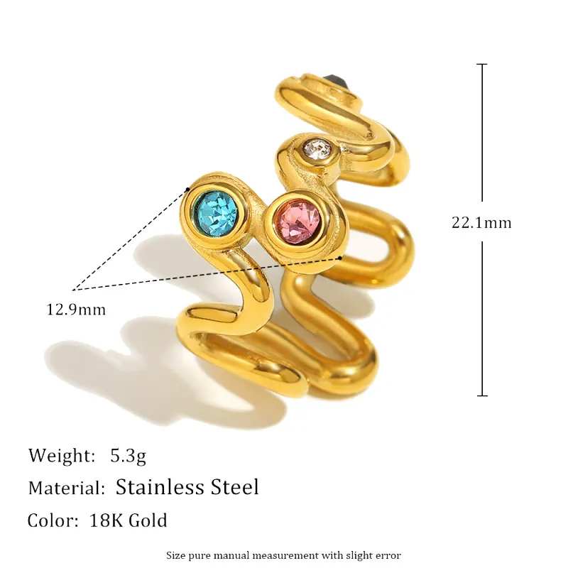 Luxurious 18K Gold Plated Stainless Steel Ring With Multicolor Rhinestones Individual Wave Flower Star Moon Pattern Jewelry For Women