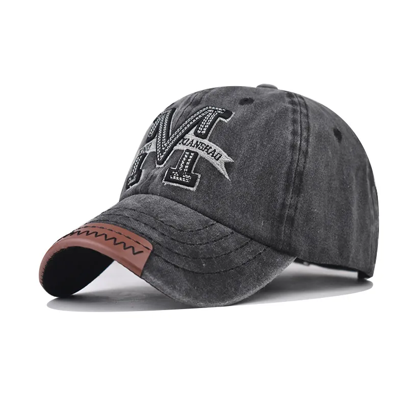 Casquette De Baseball En Coton Lavé Rétro Broderie M Chapeau Snapback Distressed Avec Garniture En Cuir Réglable