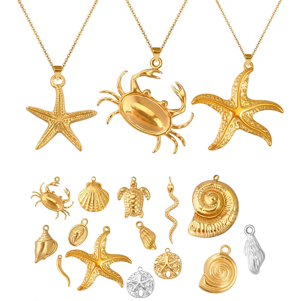 Collana con Pendente in Acciaio Inossidabile Tema Oceano Impermeabile Placcata Oro Stella Marina Conchiglia Granchio Tartaruga Marina