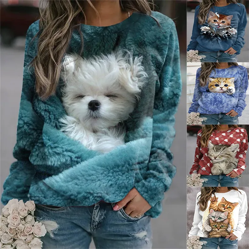 Sweat-shirt Femme Décontracté à Manches Longues Col Rond Imprimé Animal 3D Pull Mode Coupe Décontractée Haut en Jersey