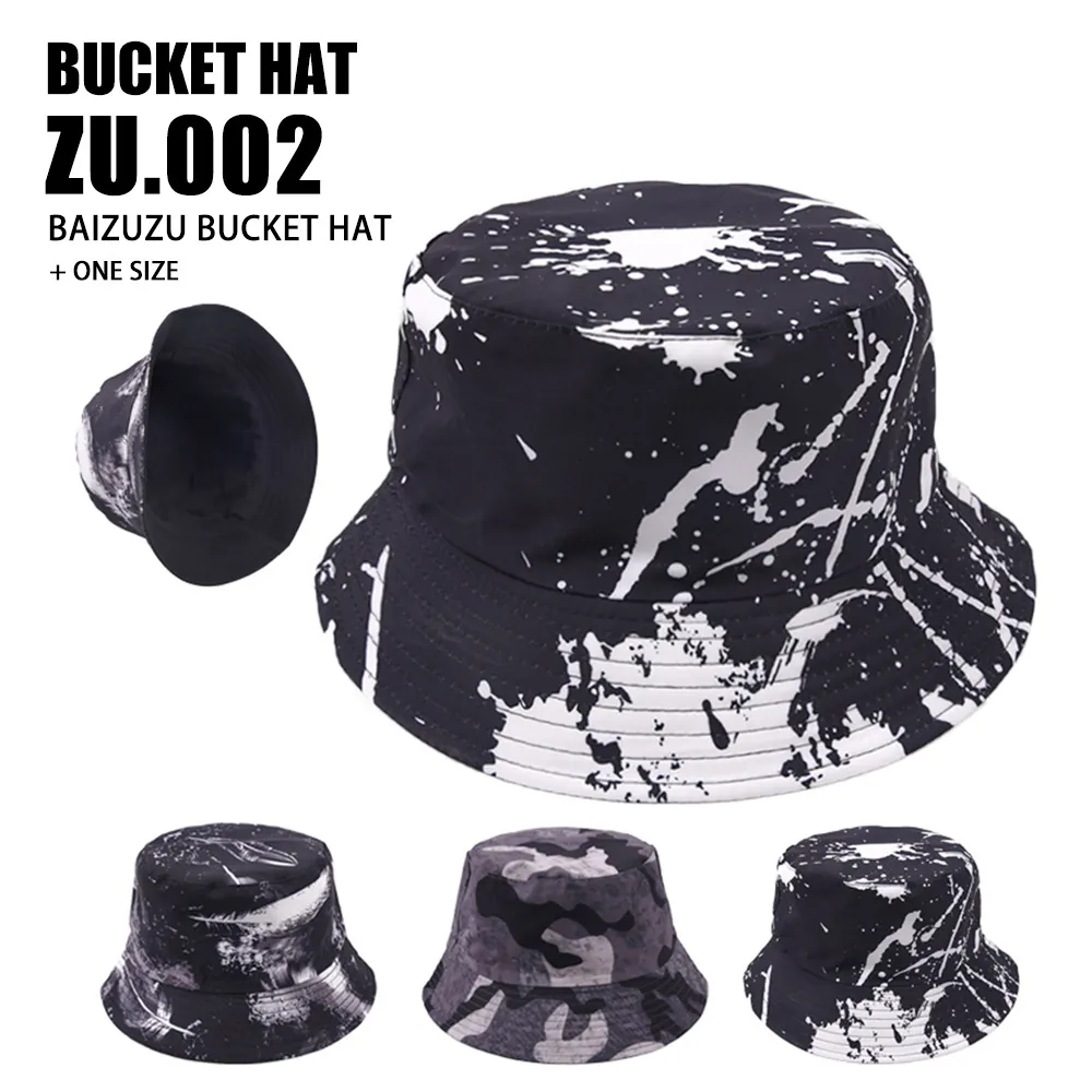 Bucket Hat Cotton Ink Wash Camouflage Print Outdoor Sun Protection Foldable Summer Travel Fisherman Cap Unisex