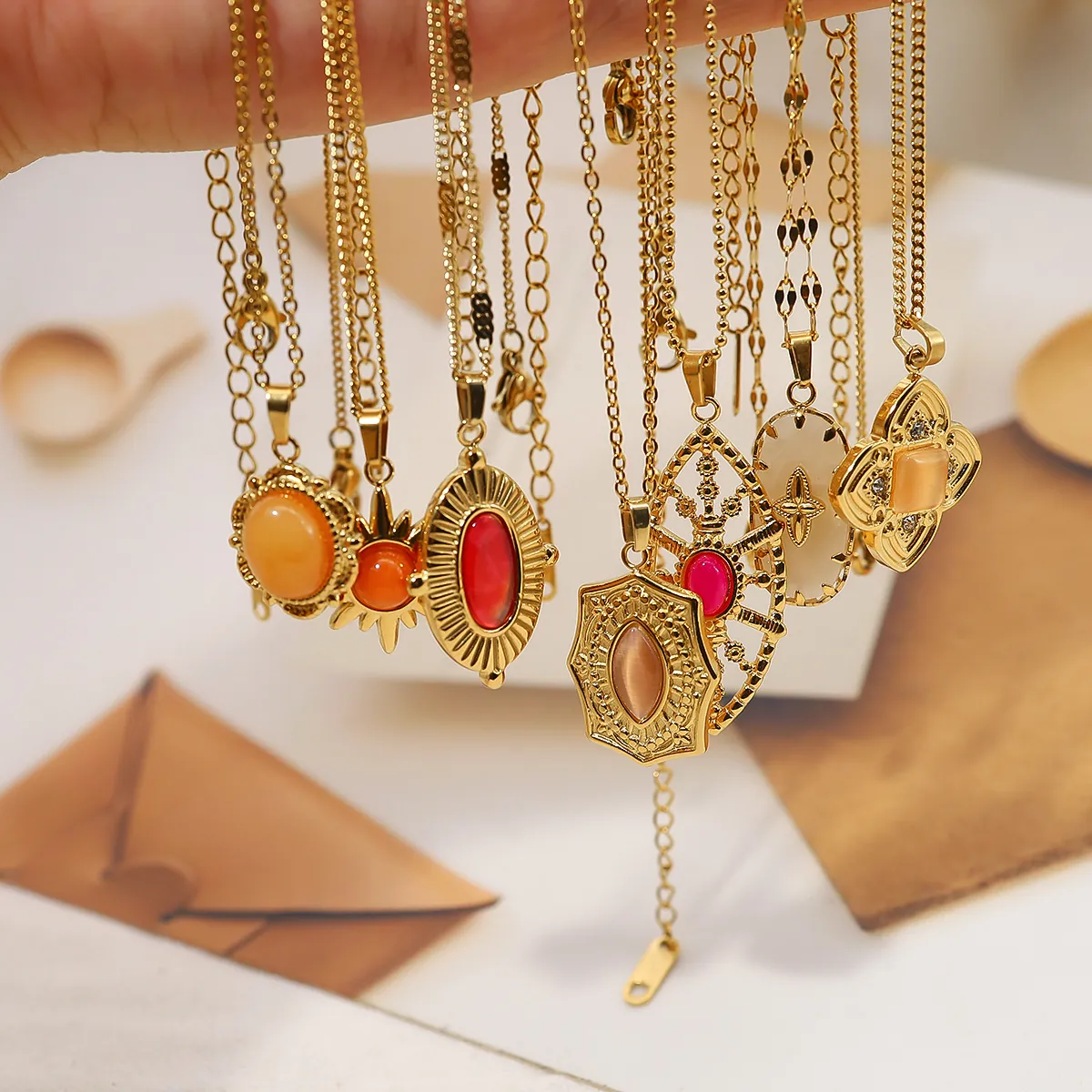 Retro Pendant Necklace Stainless Steel 18K Gold Plated Colorful Synthetic Gemstone Vintage Bohemian Style For Women