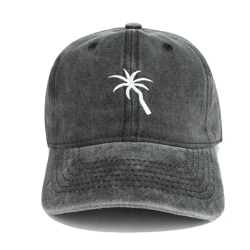 Palm Tree Embroidery Baseball Cap Washed Cotton Vintage Distressed Sun Protection Outdoor Adjustable For Men Women