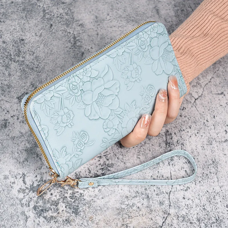 Women Long Wallet Floral Embossed PU Leather Zipper Around Clutch Bag With Wristlet Strap Large Capacity Card Slots Phone Pocket