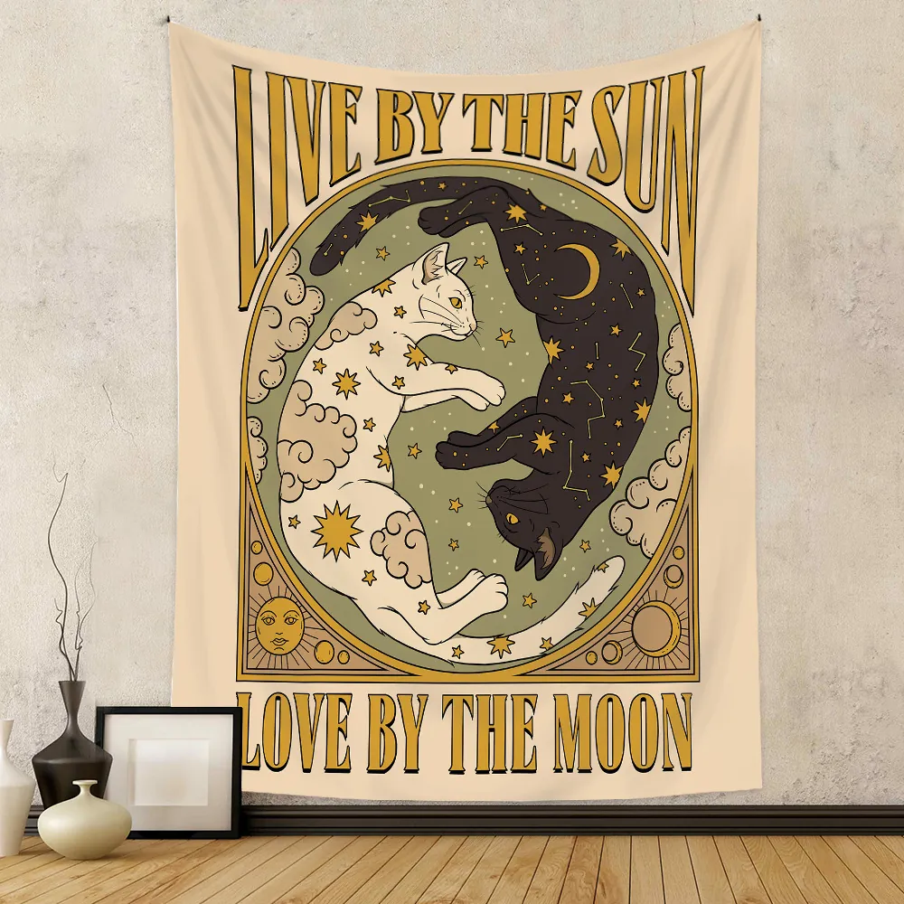Cat Tarot Tapestry Polyester Wall Hanging Bohemian Celestial Sun Moon Vintage Mysterious Art Aesthetic Bedroom Decor