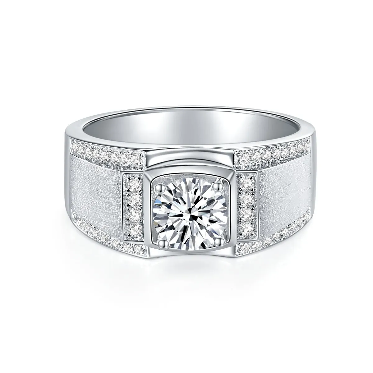 Anillo de Moissanita para Hombre Bañado en Plata Oro Blanco 18K Banda Cepillada Certificado GRA Joyería de Boda