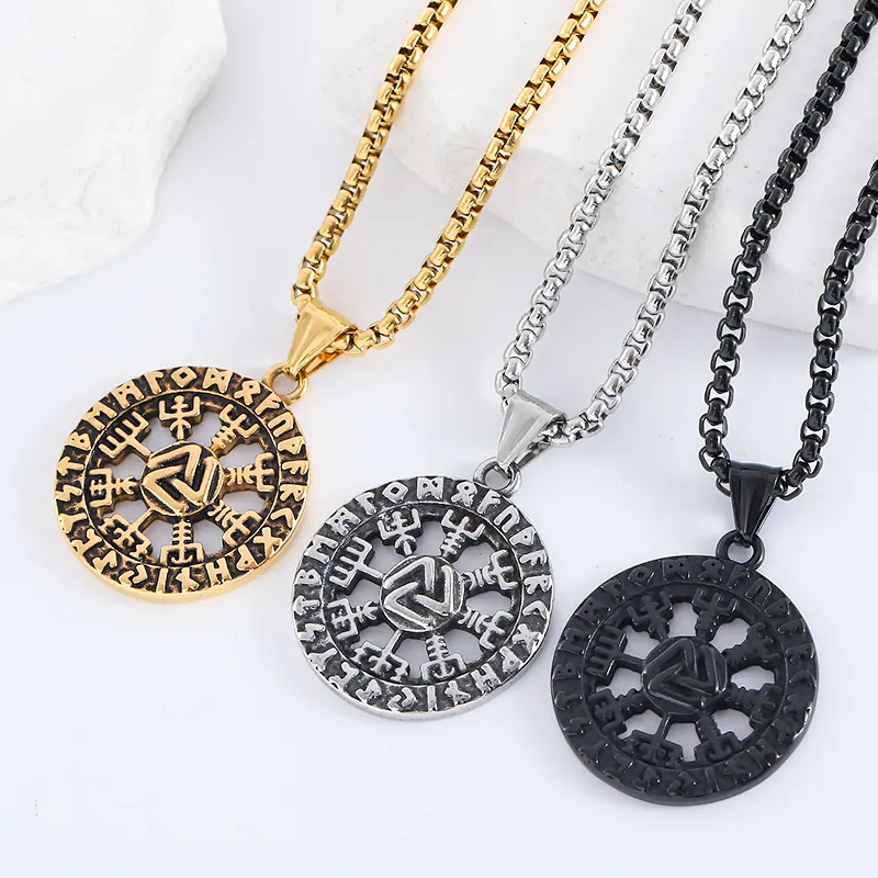 Viking Rune Pendant Necklace Nordic Valknut Vegvisir Compass Stainless Steel Retro Jewelry For Men And Women