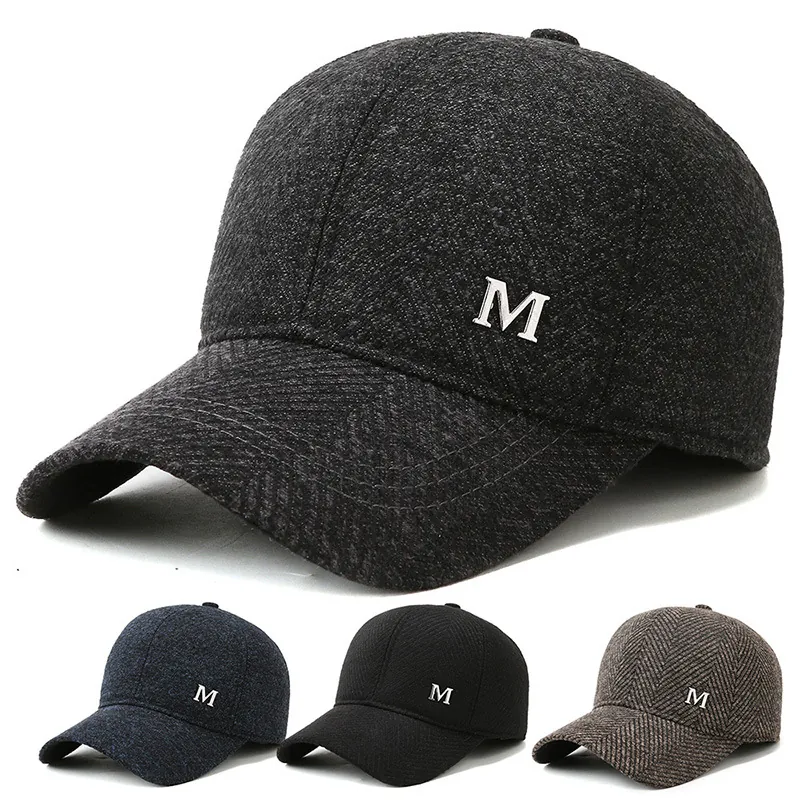 Winter Herren Baseballkappe Dicke Warme Polyester Fischgrätmuster Mütze Mit Ohrenschützer Metall M Logo Outdoor Sport Verstellbar